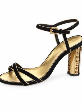 CHANEL Vintage Black Gold CC Studded Heel Sandals 37C